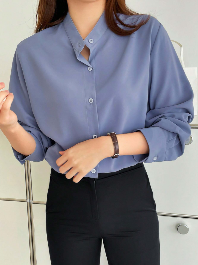Blauw Damesoverhemd met Opstaande Kraag & Lange Mouwen