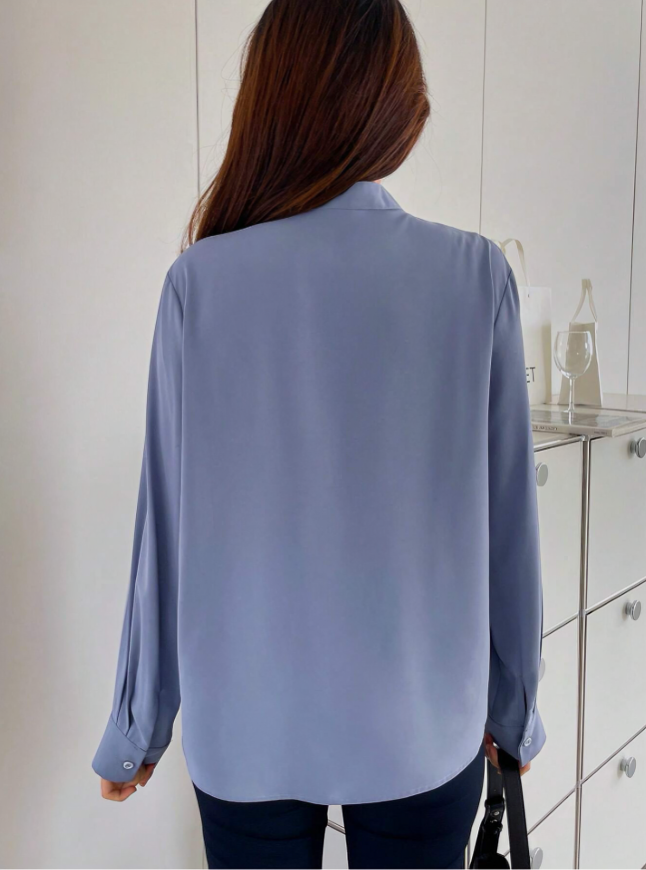 Blauw Damesoverhemd met Opstaande Kraag & Lange Mouwen