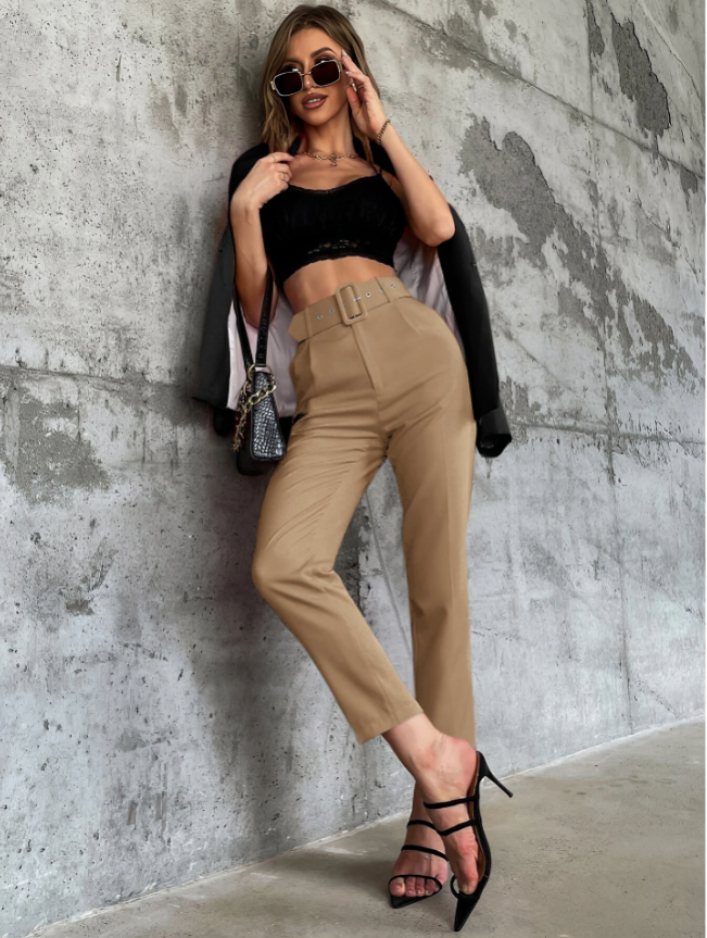 Bruine Casual Hoge Taille Broek met Riem & Taps Toelopende Pijpen