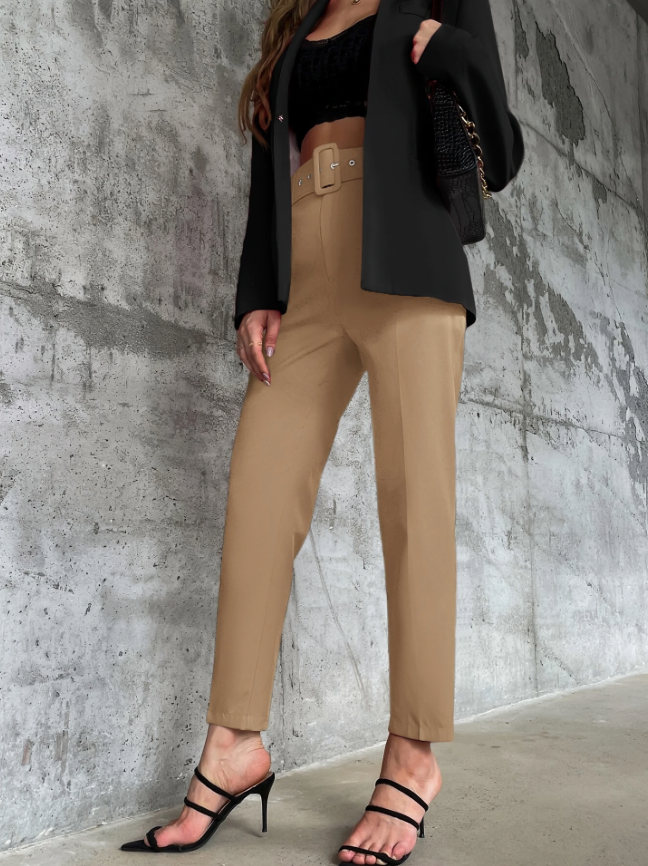 Bruine Casual Hoge Taille Broek met Riem & Taps Toelopende Pijpen