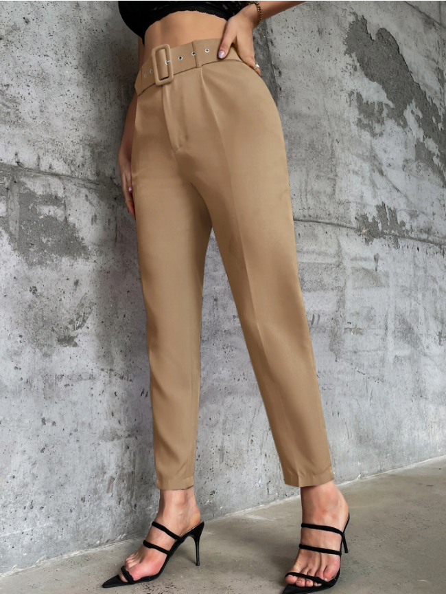 Bruine Casual Hoge Taille Broek met Riem & Taps Toelopende Pijpen
