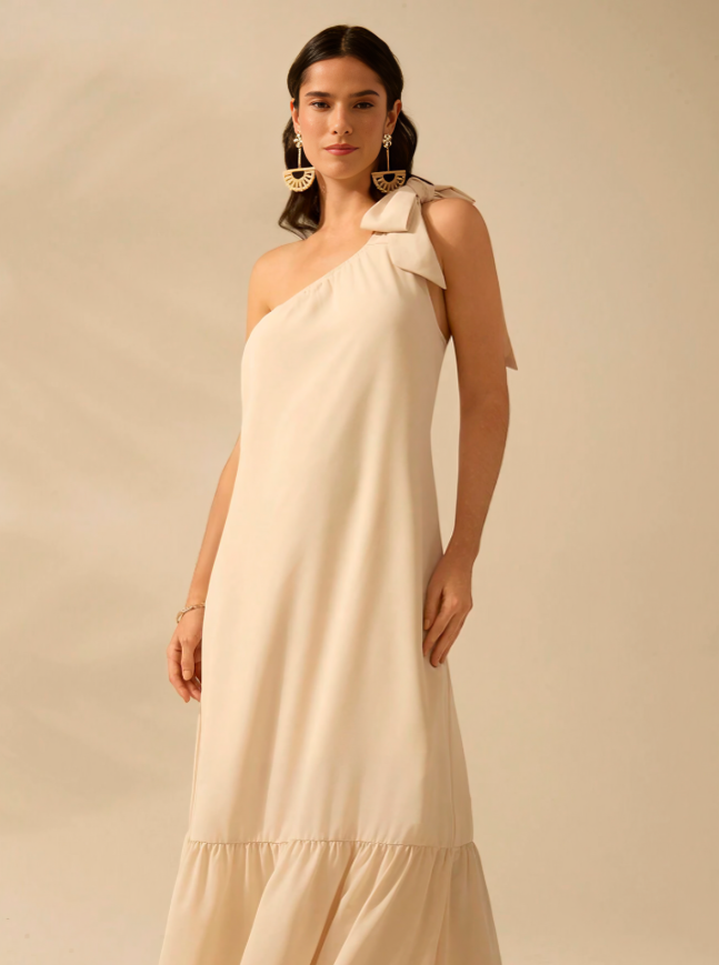 Beige Chique One-Shoulder Zomerjurk met Vetersluiting