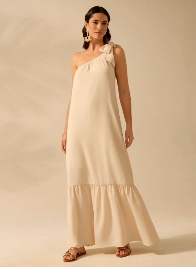 Beige Chique One-Shoulder Zomerjurk met Vetersluiting
