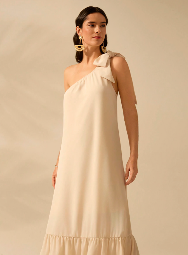 Beige Chique One-Shoulder Zomerjurk met Vetersluiting