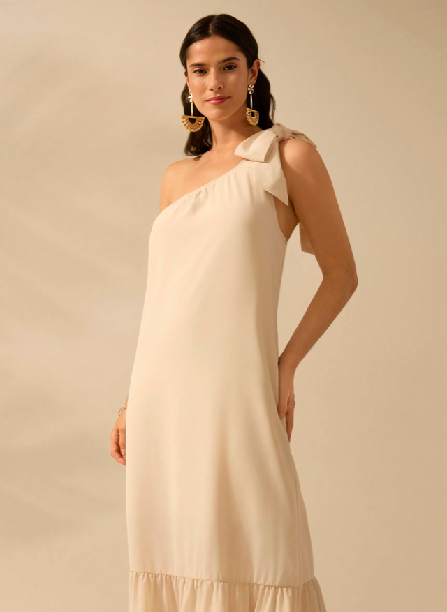 Beige Chique One-Shoulder Zomerjurk met Vetersluiting