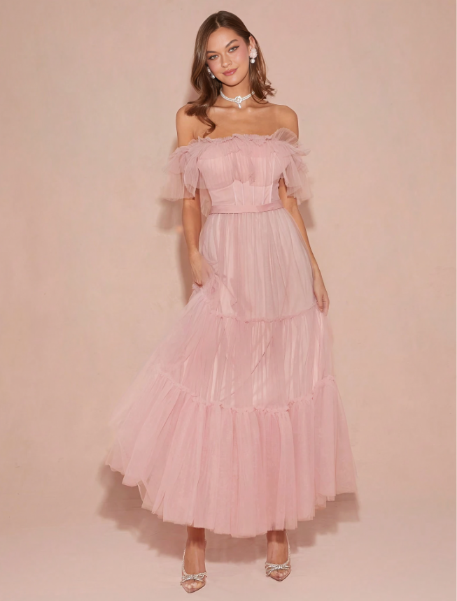 Roze Romantische Off-Shoulder Prinsessenjurk met Mesh