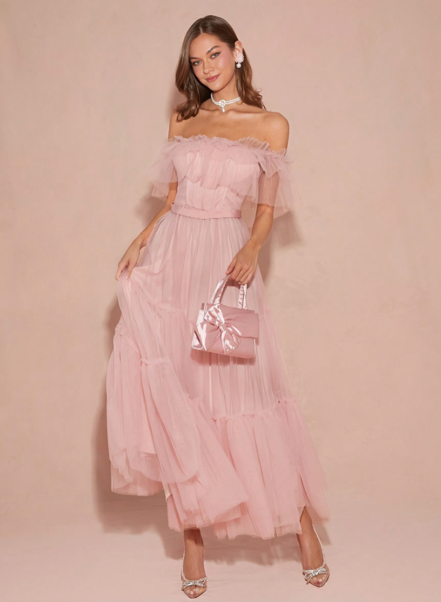 Roze Romantische Off-Shoulder Prinsessenjurk met Mesh