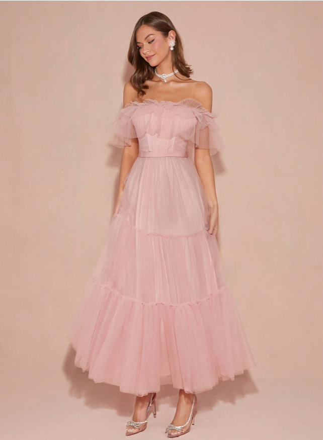 Roze Romantische Off-Shoulder Prinsessenjurk met Mesh