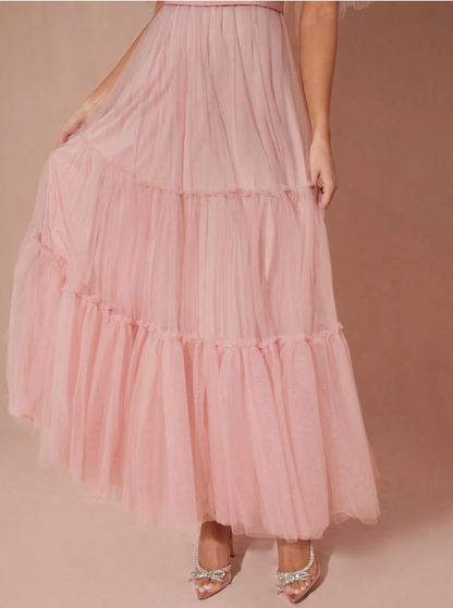 Roze Romantische Off-Shoulder Prinsessenjurk met Mesh