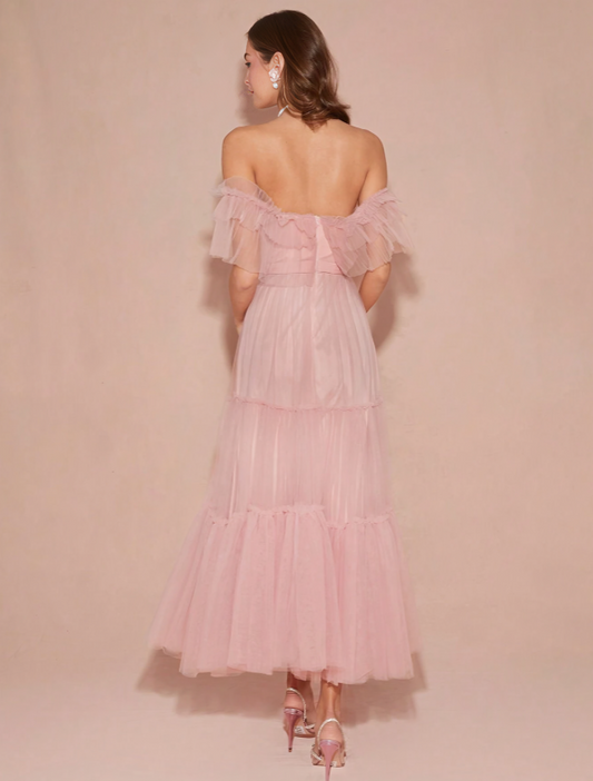 Roze Romantische Off-Shoulder Prinsessenjurk met Mesh