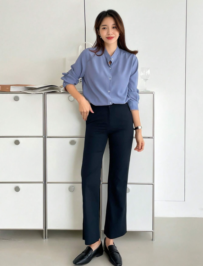 Blauw Damesoverhemd met Opstaande Kraag & Lange Mouwen