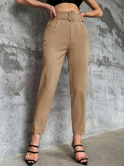 Bruine Casual Hoge Taille Broek met Riem & Taps Toelopende Pijpen