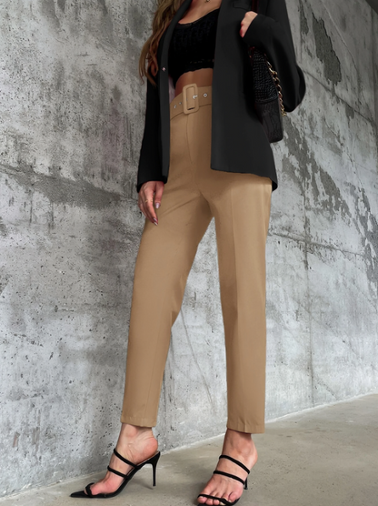 Bruine Casual Hoge Taille Broek met Riem & Taps Toelopende Pijpen