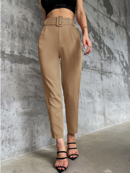 Bruine Casual Hoge Taille Broek met Riem & Taps Toelopende Pijpen