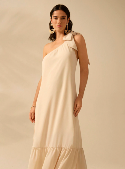 Beige Chique One-Shoulder Zomerjurk met Vetersluiting