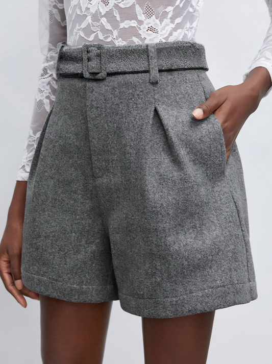 Grijze Hoog Getailleerde Shorts met Plooi Details