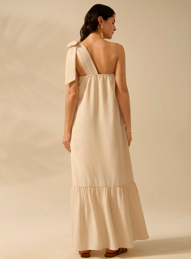 Beige Chique One-Shoulder Zomerjurk met Vetersluiting