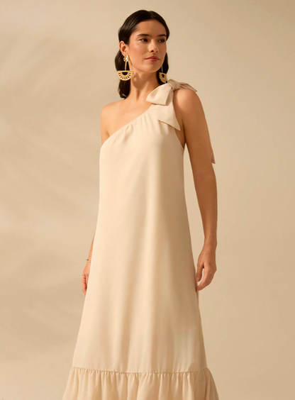Beige Chique One-Shoulder Zomerjurk met Vetersluiting