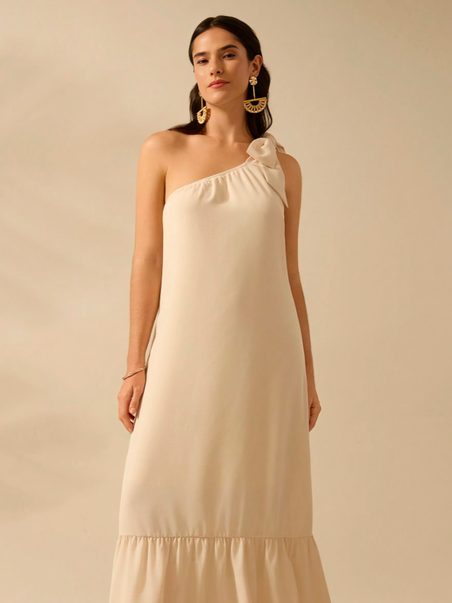Beige Chique One-Shoulder Zomerjurk met Vetersluiting