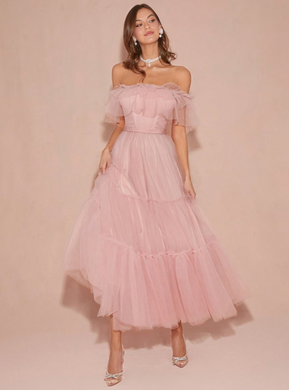 Roze Romantische Off-Shoulder Prinsessenjurk met Mesh