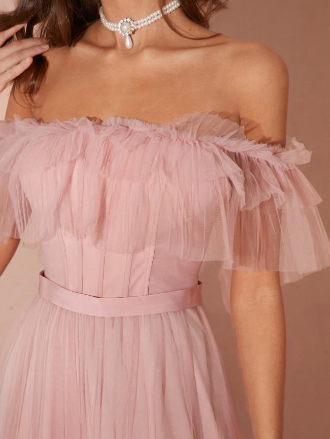 Roze Romantische Off-Shoulder Prinsessenjurk met Mesh