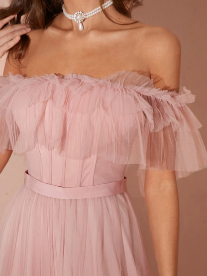 Roze Romantische Off-Shoulder Prinsessenjurk met Mesh